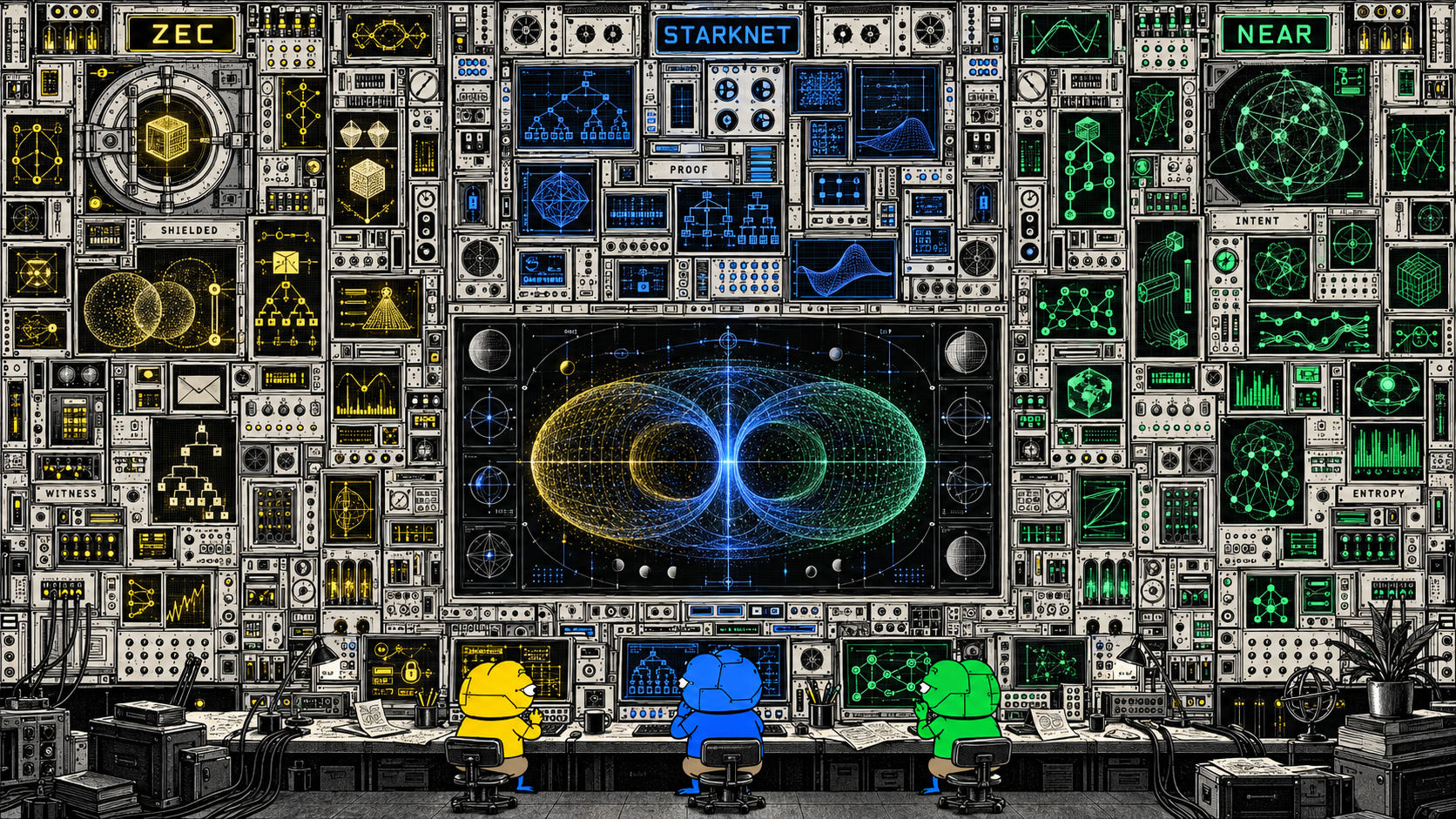 A vast cryptographic observatory: yellow Zcash instruments, blue Starknet proof systems, green NEAR circuits and three robotic Apu operators.